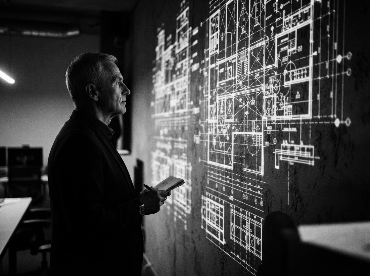 Consultant reviewing a complex architectural diagram