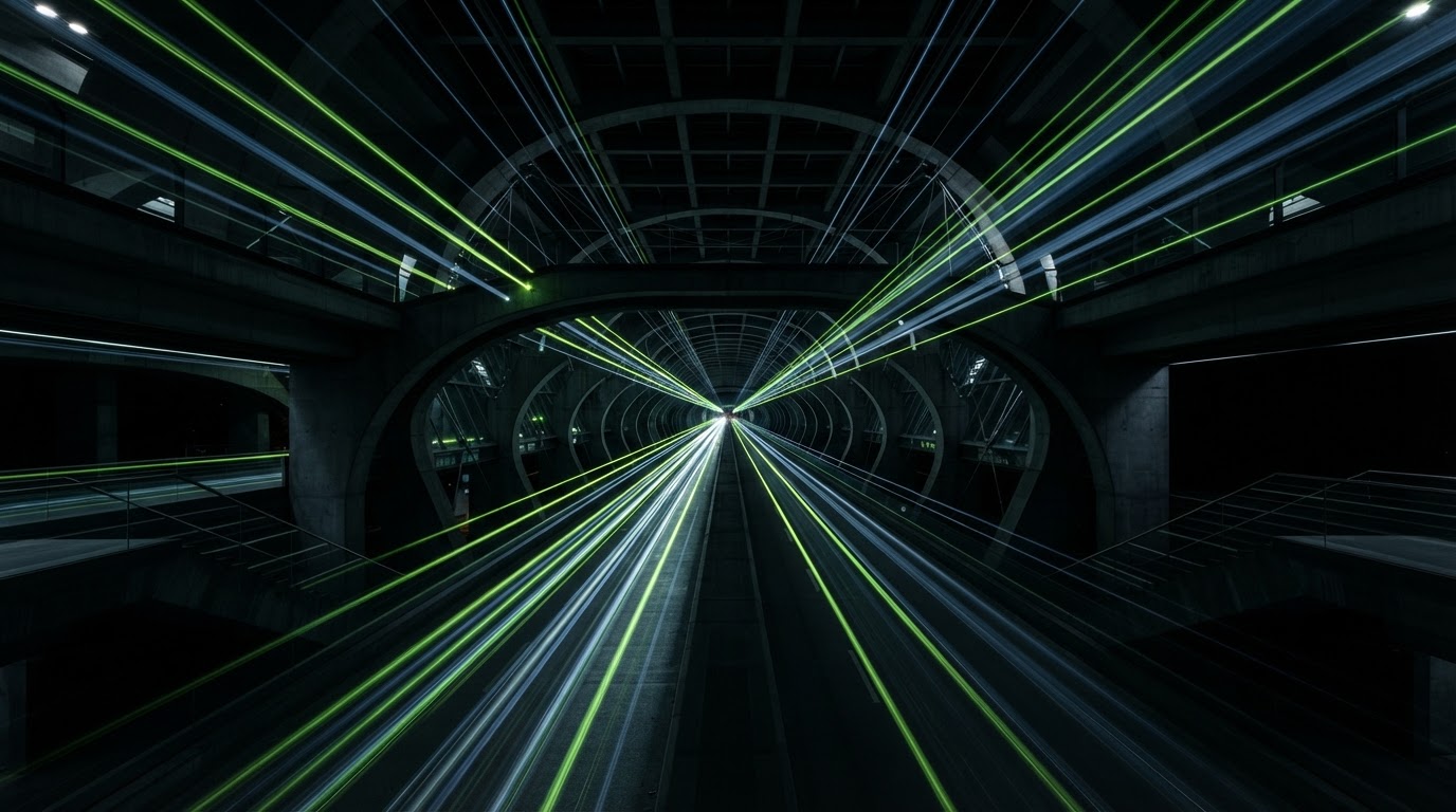 Abstract light trails through dark structured space