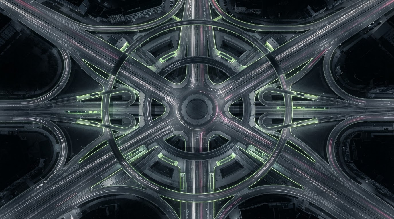 Aerial view of a complex transport interchange at night